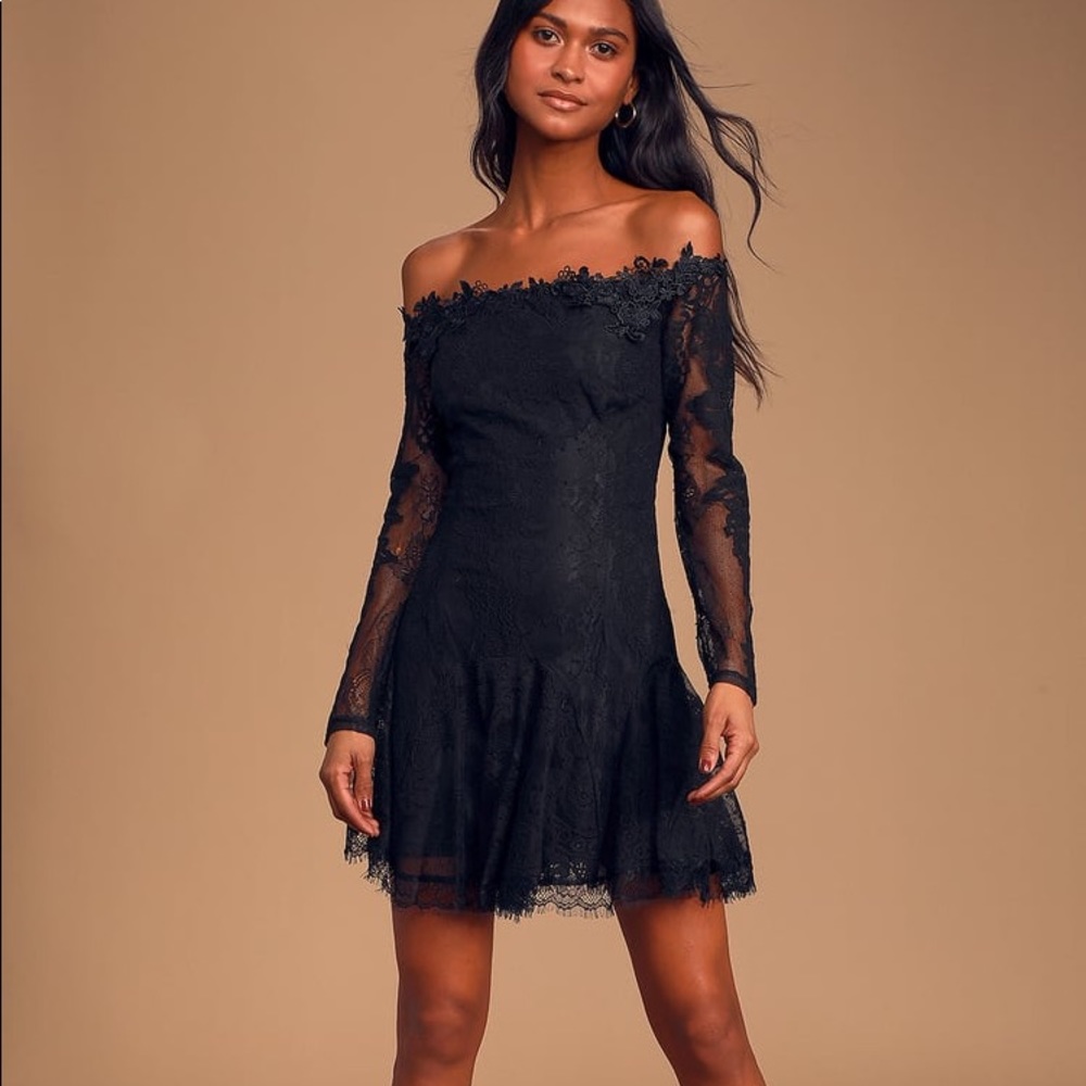 Lulu’s Lace Black Off-the-Shoulder Lace Mini Dress